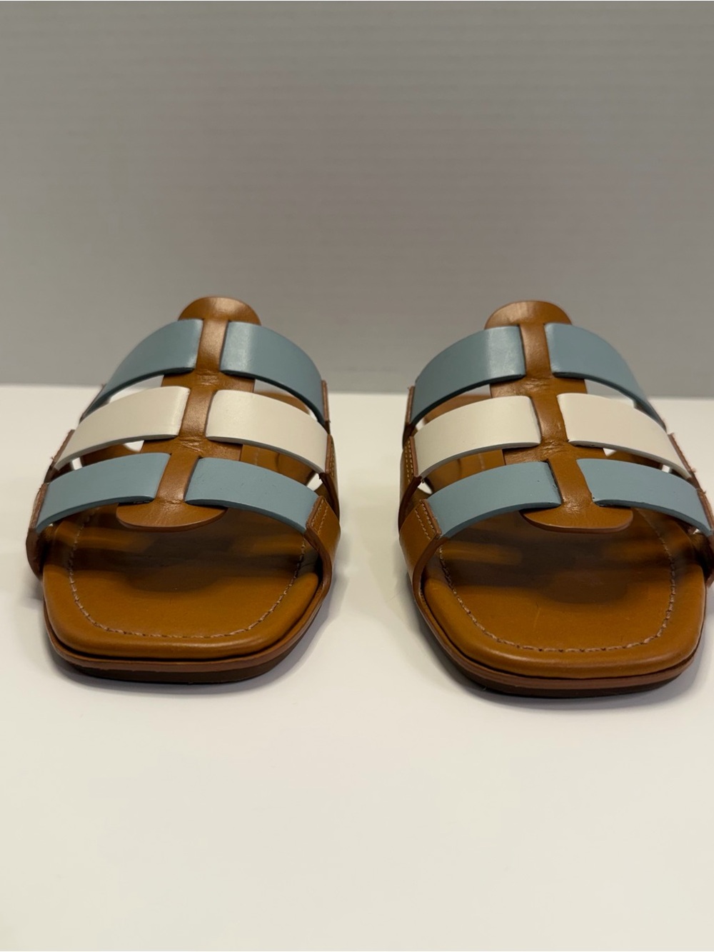 Tory Burch Multi Strap Slide Sandals Leather Blue White Brown Size 7 - Picture 6 of 13